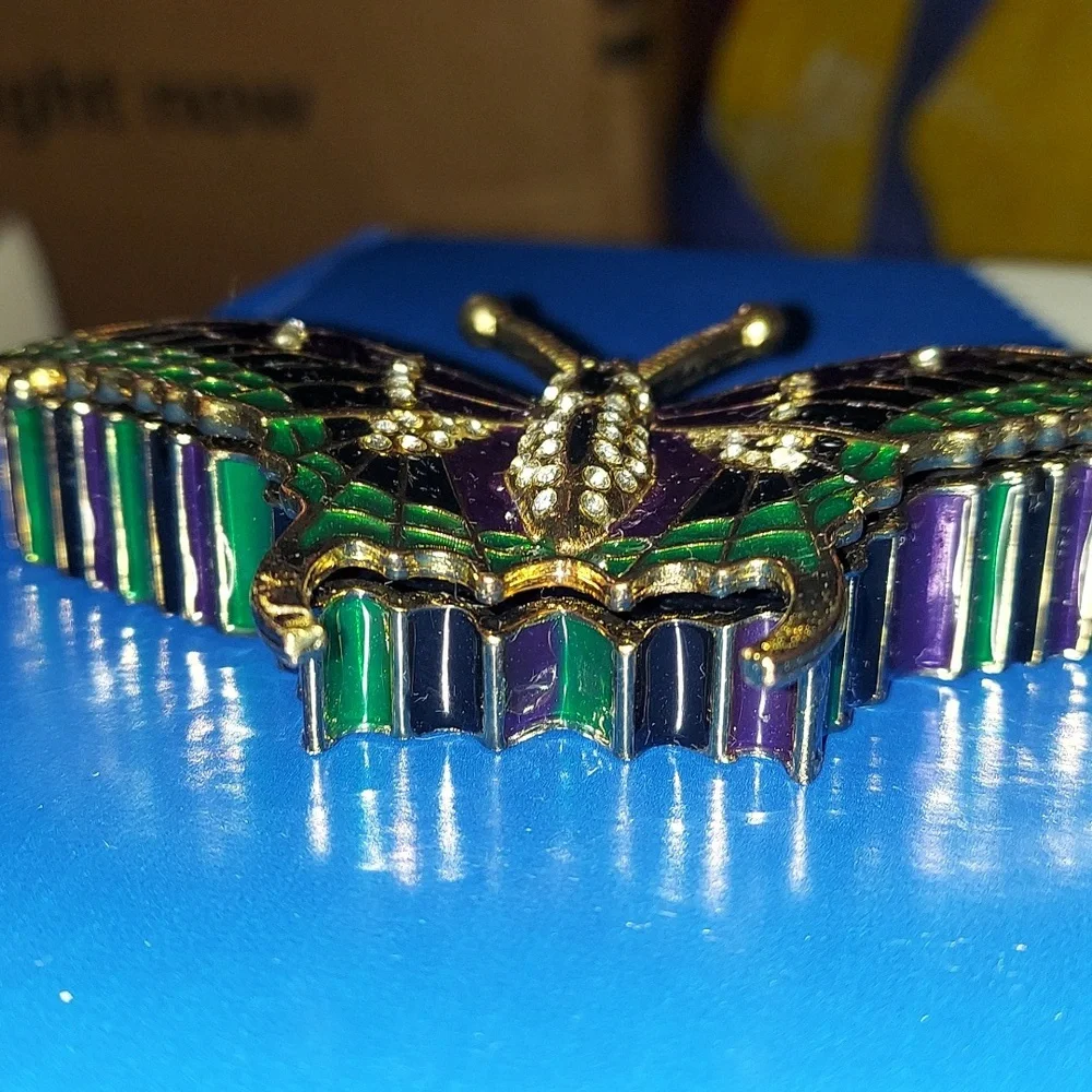 Vintage Butterfly  Inlay Rhinestone Brass Trinket decor Box